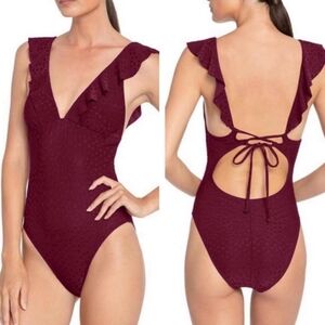 ROBIN PICCONE Julianna Dot Ruffle V Neck One Piece Swimsuit Burgundy Size Small